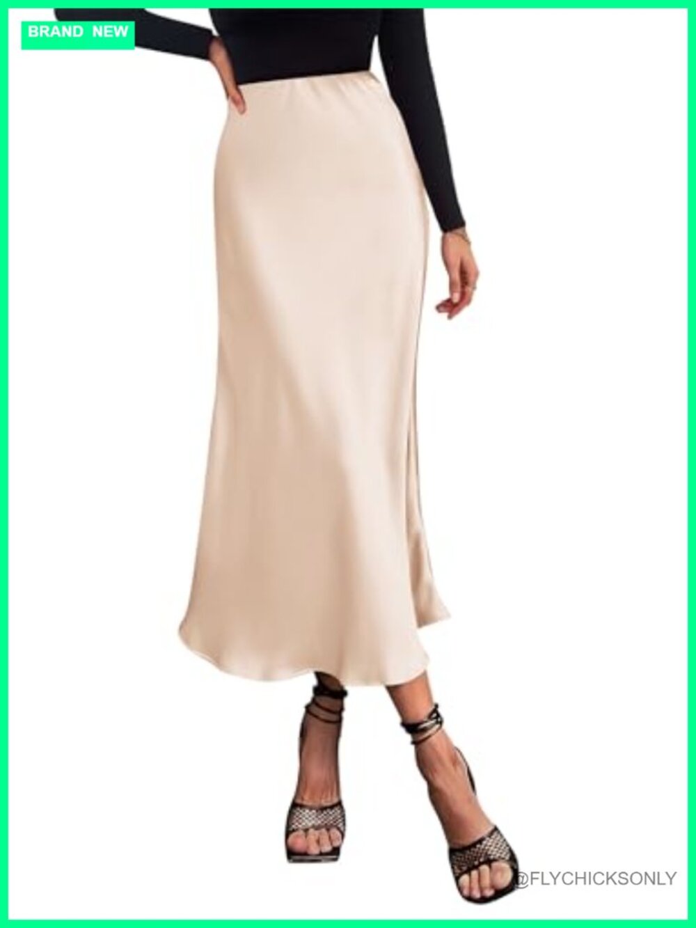 Satin Midi Skirt High Waist A-Line Flowy Dressy Casual